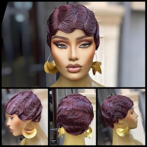 Peruk med pixielockar i äkta hår, vinröd lågskuren peruk, limfri peruk för svarta kvinnor, peruk för svarta kvinnor, billig peruk i äkta hår, peruk för svarta kvinnor