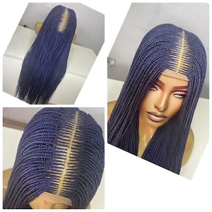 Ready to ship Blue Braided Wig for black women.Kim K closure ghana weave cornrow unit gift for women. Feedin braids black knotless cheap wig