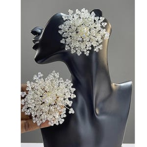 May include: A pair of circular hair accessories featuring a dense cluster of clear, faceted beads attached to thin, flexible silver-toned wire branches. The beads are arranged in a radiating, starburst pattern, creating a textured, spherical shape.