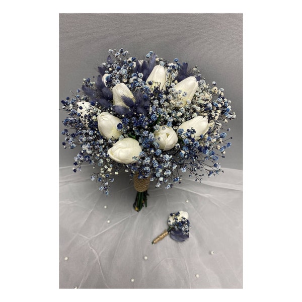 Bride Bouquet and Groom Boutonniere with Wet Tulips and Blue Gypsum, Wedding Bouquet, Lavender Tulip Flower Bouquet, White Purple Bouquet