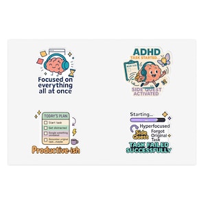 Könnte beinhalten: Ein Set aus vier Aufklebern mit humorvollen Illustrationen und Texten zum Thema Konzentration und Produktivität. Die Aufkleber zeigen Cartoon-Gehirne mit Kopfhörern, Checklisten und Sätzen wie "Auf alles gleichzeitig konzentriert" und "Aufgabe erfolgreich gescheitert".