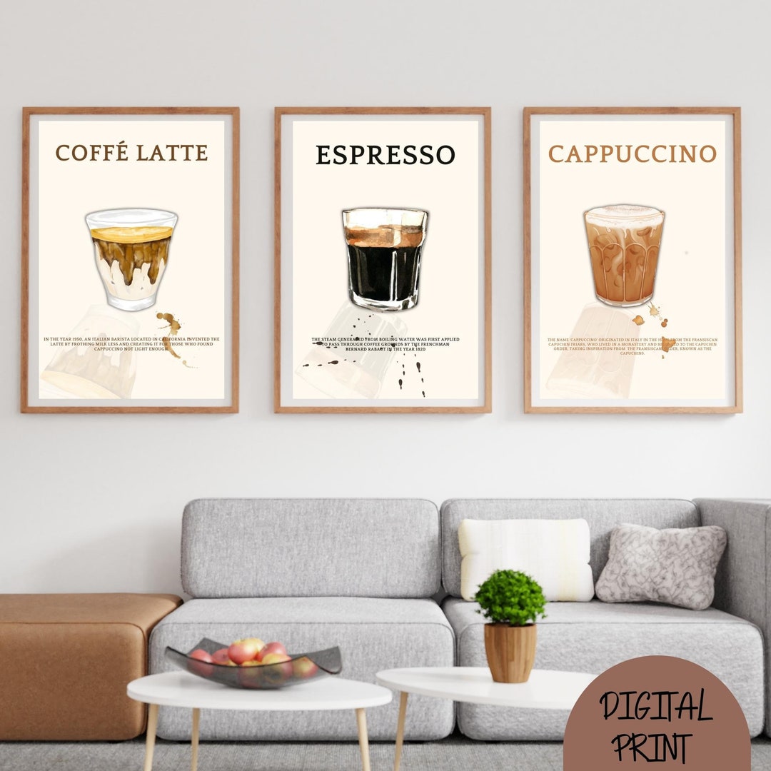 Latte, Cappuccino, Espresso Art Print Set, Kitchen Cafe Decor (digital ...