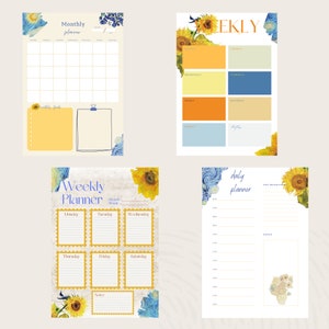 Op de afbeelding: Vier afdrukbare plannerpagina's met zonnebloem- en sterrennachtontwerpen. De pagina's bevatten een maandplanner, een weekplanner, een dagplanner en een weekplanner met een blanco notitiegedeelte.