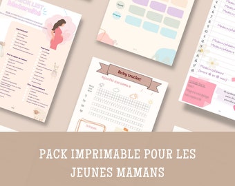 Op de afbeelding: Printbare checklist en tracker voor nieuwe moeders. De checklist bevat secties voor "Administratives", "Pour le bébé", "Pour le séjour de maman" en "Pour l'accouchement". De tracker heeft de titel "Baby tracker" en heeft een sectie voor "Aujourd'hui nous sommes le".