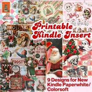 May include: A collection of nine Christmas-themed Kindle insert designs. The designs feature vintage illustrations of Santa Claus, angels, snowmen, and festive text like "Frosty" and "Merry Christmas." The text "Printable Kindle Insert" is also visible.