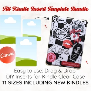 May include: A digital product bundle of 11 printable Kindle insert templates. The templates are designed to fit various Kindle models, including new Kindles. The image shows a sample template with a green and blue landscape design. The text "Canva" is visible in the image. The text "Easy to use: Drag & Drop DIY Inserts for Kindle Clear Case 11 SIZES INCLUDING NEW KINDLES" is also visible in the image.
