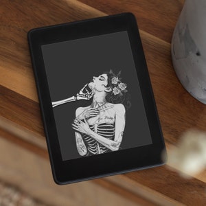 May include: Black and white illustration of a woman with flowers in her hair, embracing a skeletal figure. The woman has a tattoo that reads "You Pretty".