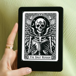 May include: Black and white illustration of a skeleton with angel wings holding a book. The book has the text "Fae Smut Reader" on the cover. The image is displayed on a black and white e-reader.