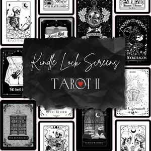 May include: A set of 12 digital tarot card lock screens for Kindle devices. The cards feature black and white illustrations with a gothic aesthetic. The cards include titles such as "The Plant Lover", "Smut Slut", "Meet Cute", "Second Chance", "Book Dragon", "The Good One", "The Bookshelf", "Mood Reader", "Fictional Wanderlust", "The Cliteraure", and "VI".