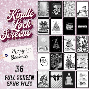 May include: A set of 36 black and white Kindle lock screen images featuring a Christmas theme. The images include a variety of designs, such as a snowman, a Christmas tree, a cat, a dog, and a stack of books. The text "Merry Bookmas" is featured on the image.