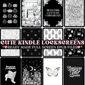 May include: A collage of nine digital images featuring cute Kindle lock screen designs. The designs include a cat reading a book, a butterfly, a pile of books, a moon, stars, and various patterns. The text "Cute Kindle Lockscreens" and "Ready Made Full Screen EPUB Files" is displayed in pink and white.