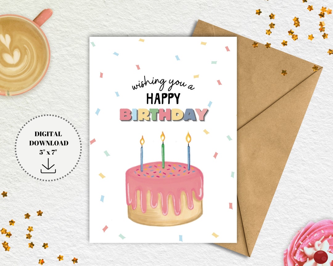 Printable Birthday Card Happy Birthday Cardbirthday Cake - Etsy