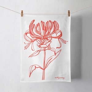 Tea Towel with honeysuckle design in orange