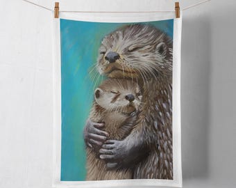 Ottertheedoek met afbeelding van moeder en baby