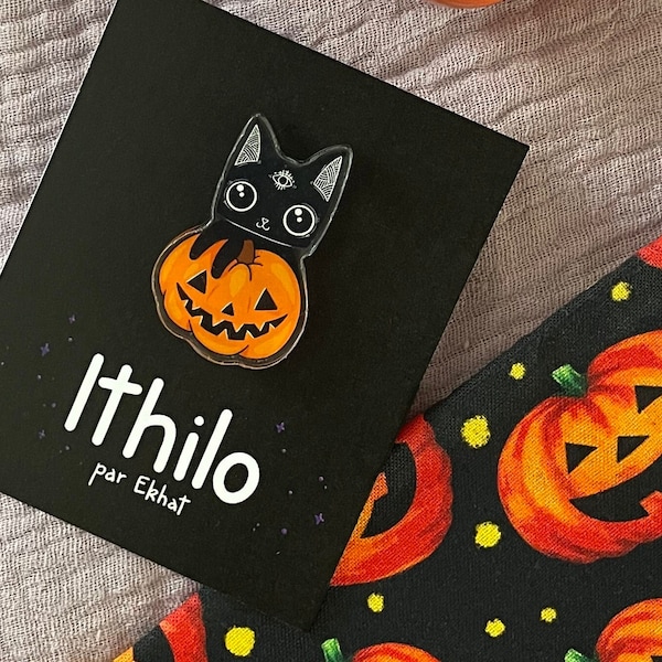 Pumpkin Pin's / Broche chat noir & citrouille d'Halloween