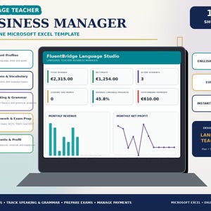 May include: A digital Microsoft Excel template for language teachers titled Language Teacher Business Manager. The screen displays a dashboard with metrics like total revenue, net profit, and active students, alongside bar and line charts for financial data.