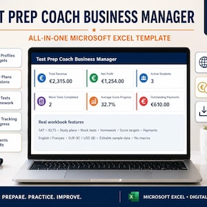 May include: A laptop screen displaying a Test Prep Coach Business Manager Microsoft Excel template with 17 sheets. The dashboard shows metrics like total revenue, net profit, active students, mock tests completed, score progress, and outstanding payments.