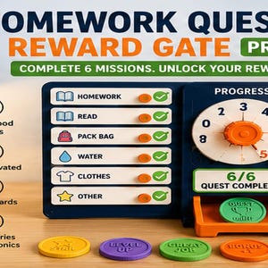 Peut inclure: Un tableau de tâches en plastique bleu foncé intitulé HOMEWORK QUEST REWARD GATE PRO avec six emplacements, un cadran de progression circulaire réglé sur 6/6 et un plateau de récompense. Inclut des jetons en plastique et des textes de suivi.