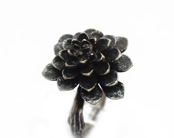 Sedum REAL Plant Silver 925 Oxidised Ring, Dark Sterling Silver Jewellery Ring, Black Statement Ring, Unique Jewellery Gift, Nature Jewelry