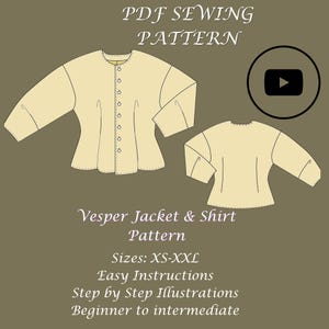 Puede incluir: Un patrón de costura en PDF para una chaqueta y camisa Vesper. La ilustración muestra una chaqueta color crema con mangas largas y cierres de botones. El patrón incluye tallas XS-XXL e instrucciones fáciles para principiantes a intermedios.