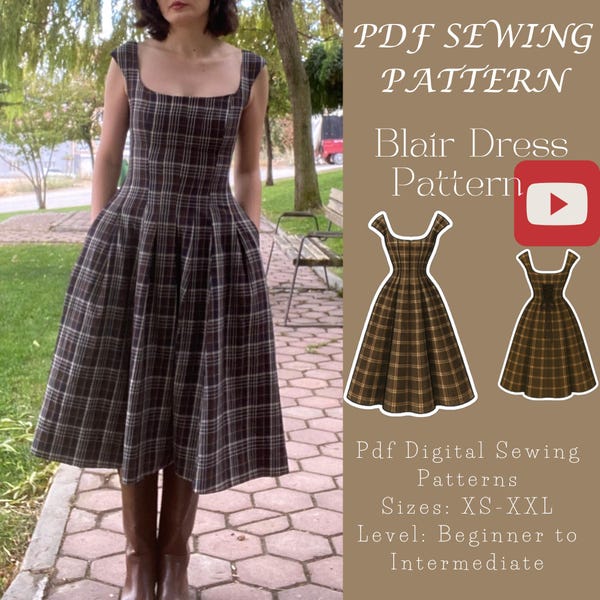 Schnittmuster Midi-Kleid für Frauen | Back Tie, Pockets (Digital PDF, XS-XXL) / 3 druckbare Größen