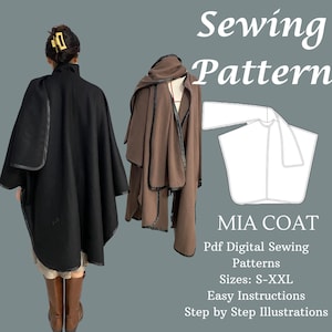 May include: A sewing pattern for a Mia Coat. The pattern includes step-by-step instructions and illustrations. Sizes range from S to XXL.