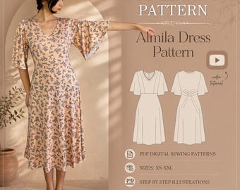 Midi Länge elegantes Kleid / Größen XS- XXL / PDF Schnittmuster für Anfänger