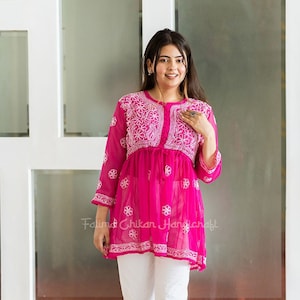 Handmade Pink Falak Georgette Short Chikankari Kurti For Women | Gift for Her | Ethnic Wear| Traditional Embroidery Style From Lucknow