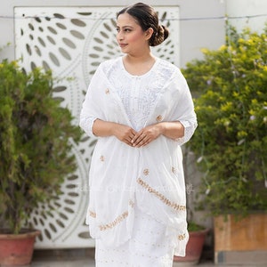 Chanderi Chikankari 3 Piece Set Adab White Chanderi Kurta Chikankari Palazzo Chikan Hand Embroidery | Gift For Her | Festival , Party Wear