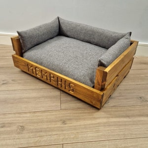 Medium Personalised Handmade Rustic Dog Lounger Bed | Solid Silver Fabric | Medium Oak Wood Stain