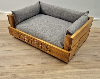 Medium Personalised Handmade Rustic Dog Lounger Bed | Solid Silver Fabric | Medium Oak Wood Stain