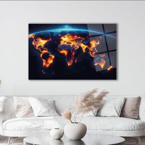 Mapa del mundo azul sobre vidrio rojo fuego - Arte mural grande para oficina - Impresión - Decoración de pared - Personalizable - por Aksoystore