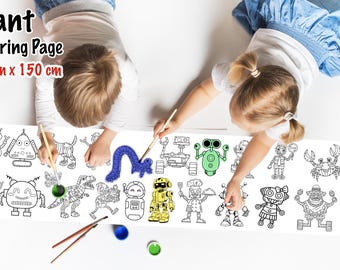 May include: A giant coloring page, 30 cm x 150 cm, featuring various robot illustrations. Two children are shown coloring the page with paintbrushes and paint. The page is filled with detailed line drawings of robots and other mechanical figures.