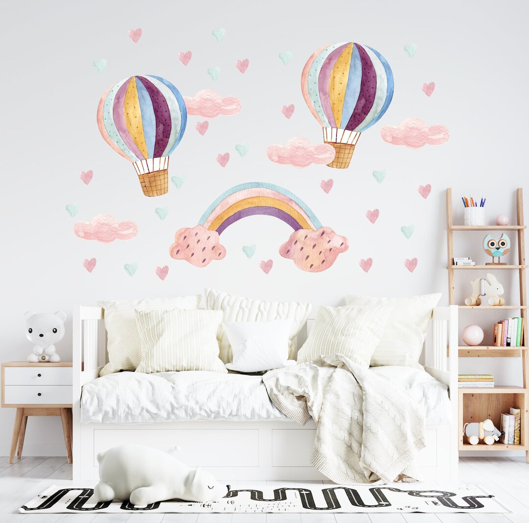 Wall Decal - Pink Rainbow Hot Air Balloon Hearts Wall Decal for Baby ...