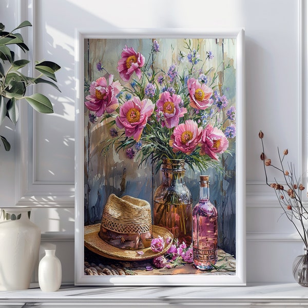 Cowboy Hat and Peonies Oil Painting| Downloadable Artwork,  Western  Printable Flower Wall Art Decor