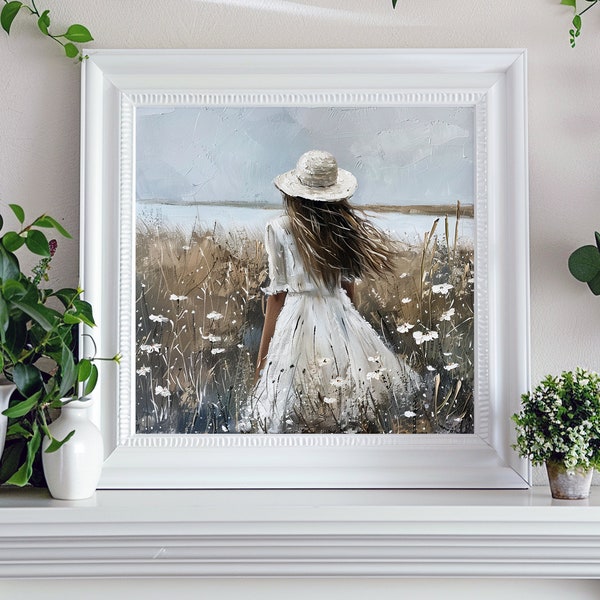 Girl in the Flower Field Oil Painting - Vintage Landscape Art, Country Meadow Wall Decor, Digital Print