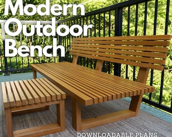 May include: A modern outdoor bench made of wood with a slatted design. The bench is on a deck with a black railing and a small matching stool. The text "DOWNLOADABLE PLANS" is visible at the bottom of the image.