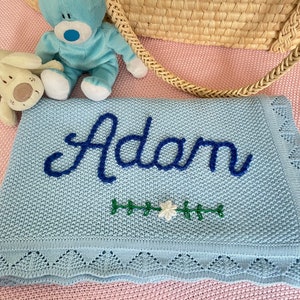 Personalised Hand embroidered baby name blanket, knitted cotton newborn blue/pink baby blanket/swaddle Eid baby shower Nursery boy/girl gift