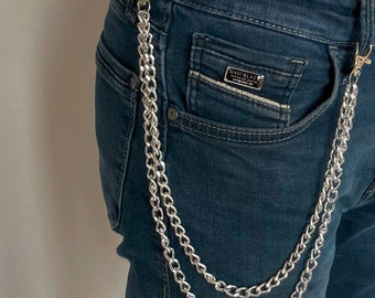 Fashion Wallet , pants Chain Double Ellipse Silver Shiny Color Stainless Steel Oval Unisex Personalizable Tarnish Resistant Strong