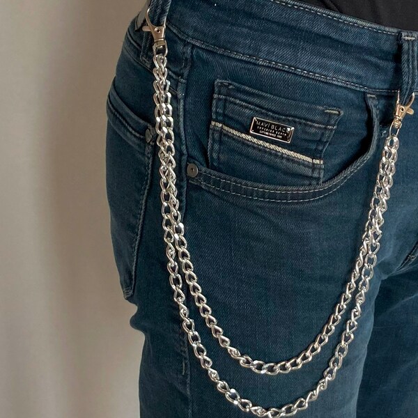 Fashion Wallet , pants Chain Double Ellipse Silver Shiny Color Stainless Steel Oval Unisex Personalizable Tarnish Resistant Strong