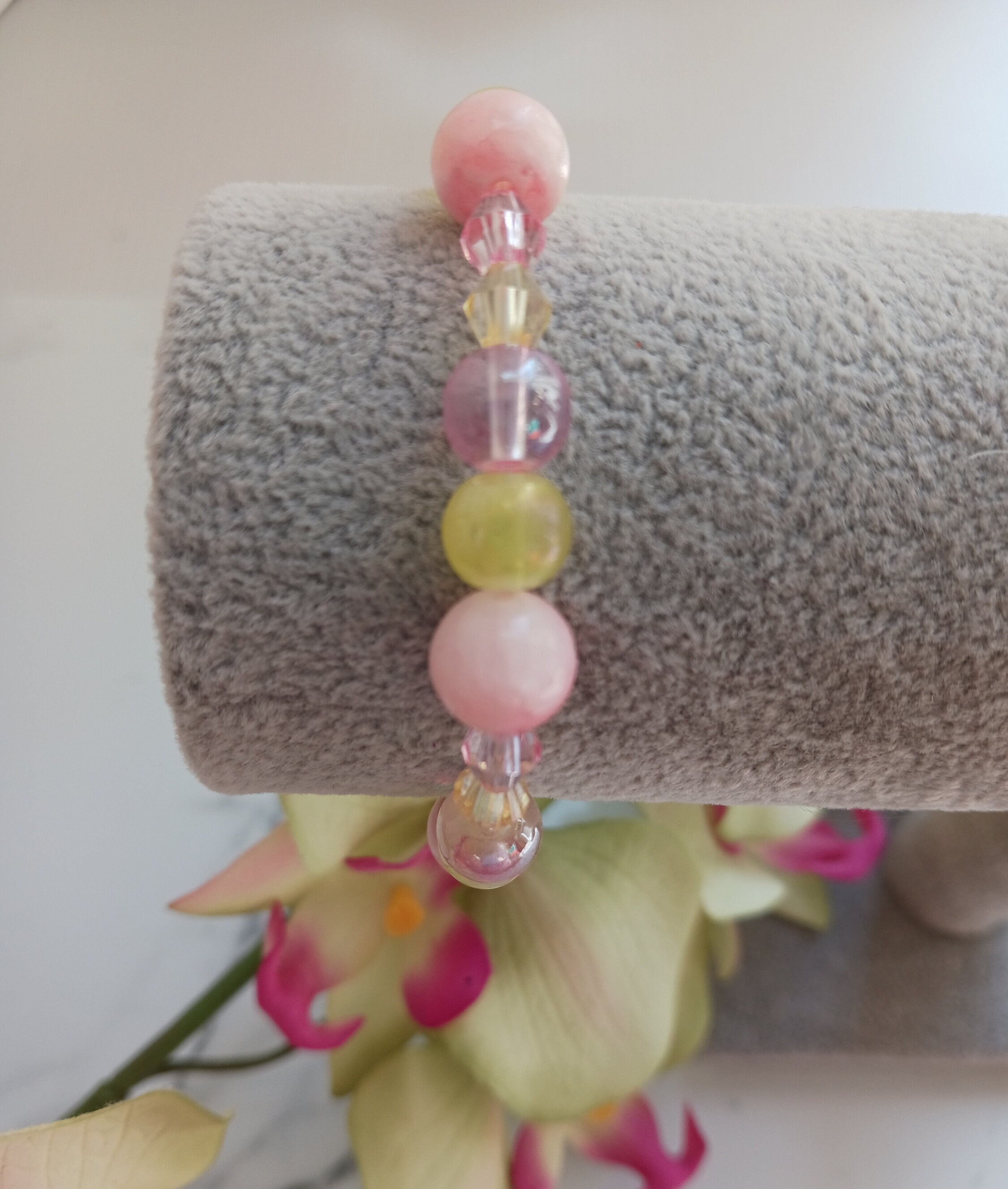 Handmade Pink and Yellow Glass Bead Bracelet, Glass Bead
