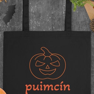 Sac fourre-tout en coton biologique, motif « puimcín » (citrouille, langue irlandaise) noir ou tissu naturel | Sac shopping sur le thème d&#39;Halloween