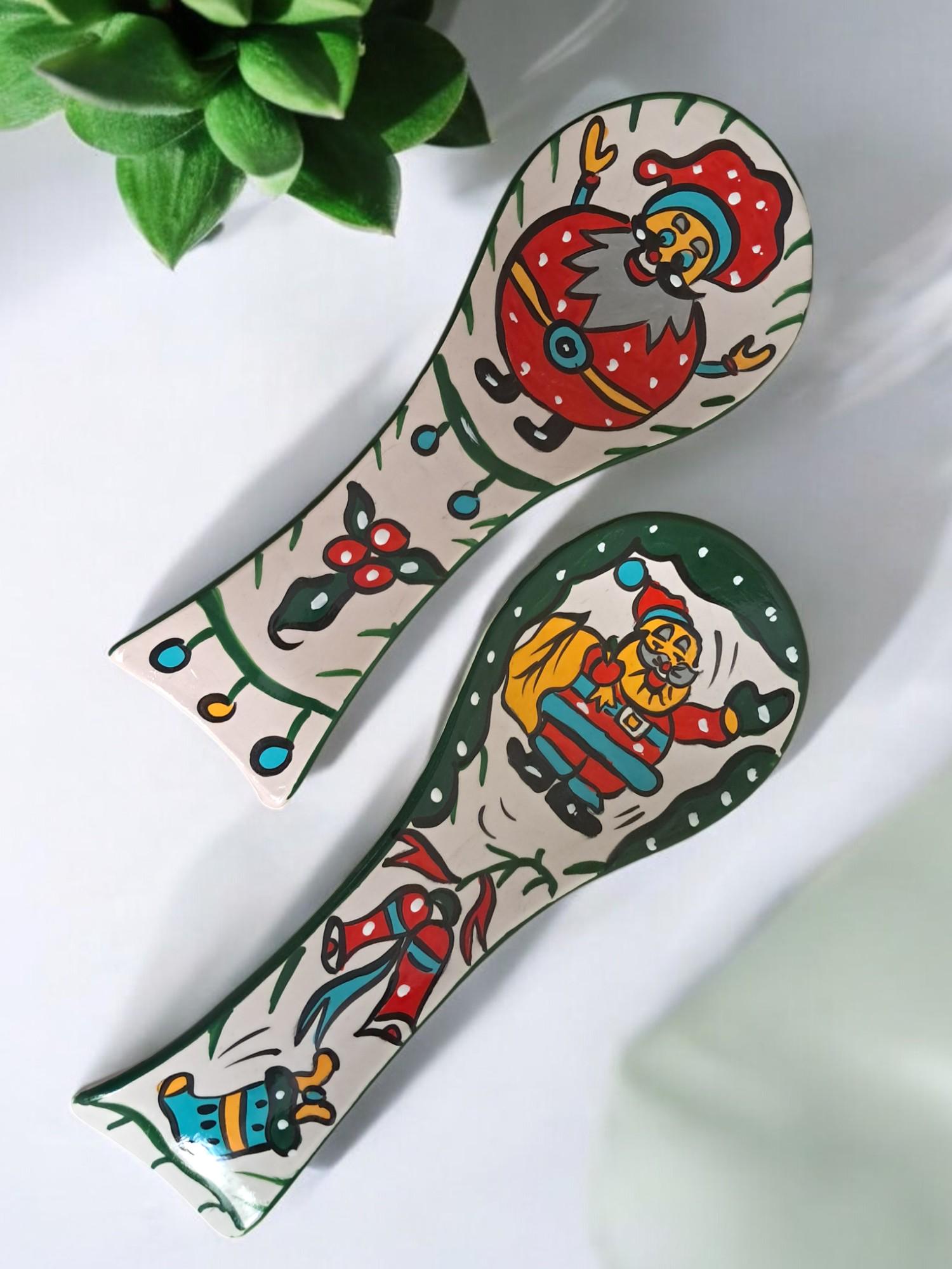 Santa Spoon Christmas Ceramic Spoon Rest Set, Hand Painted Santa Designs, Holiday ...