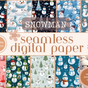 May include: A set of 10 digital paper designs featuring various snowman illustrations. The designs are seamless and perfect for crafting projects, scrapbooking, and more. Each design is 12 inches by 12 inches and 300 DPI.