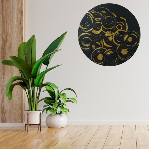 24" inches/60 cm Handmade Gold and Black Wall Clock | Gold Wall Decor | Round Wall Clock 3D Textured Wall Clock,Design For Interior Design