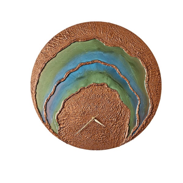 24 inches, 60 cm, Epoxy Resin Wallclock, Modern, Handmade, Brown, Blue, Green Wall Clock, Gift to New Home