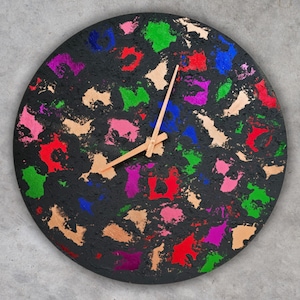 Colorful Planet Wall Clock, Modern Glow Clock, Large Clock for Wall, Resin Living Room Decor, Handmade Kitchen Wall Art, Golden Hands Clock