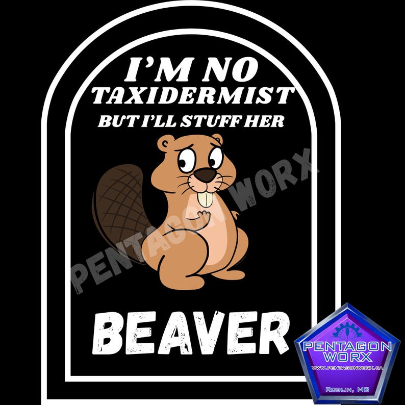 Puede incluir: Gr&aacute;fico negro con un castor de dibujos animados y el texto "I'M NO TAXIDERMIST BUT I'LL STUFF HER BEAVER". El castor es marr&oacute;n con una cola grande y dientes delanteros. La imagen est&aacute; enmarcada en blanco.