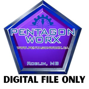 Puede incluir: Gr&aacute;fico digital con el texto "PENTAGON WORX" en blanco, sobre una forma de pent&aacute;gono morado con borde azul. El gr&aacute;fico incluye la direcci&oacute;n del sitio web, el texto "ROBLIN, MB" y "DIGITAL FILE ONLY".
