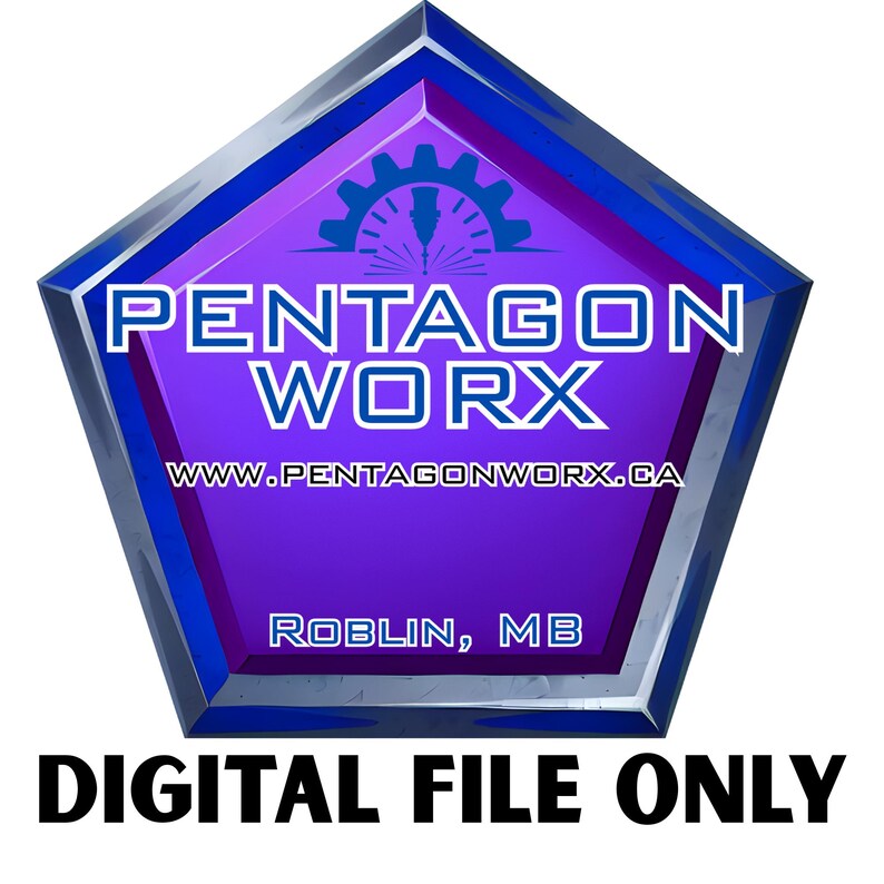Puede incluir: Gr&aacute;fico digital con el texto "PENTAGON WORX" en blanco, sobre una forma de pent&aacute;gono morado con borde azul. El gr&aacute;fico incluye la direcci&oacute;n del sitio web, el texto "ROBLIN, MB" y "DIGITAL FILE ONLY".